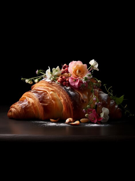 Foto ein köstlicher croissant mit schönen blumen auf schwarzem hintergrund