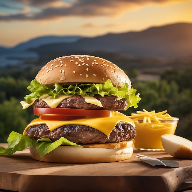 Ein köstlicher Dreifach-Fleisch-Burger mit gelbem Käse, begleitet von dickem Rindfleisch-Burge mit Steinkäse