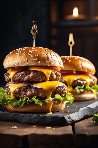 Ein köstlicher Dreifach-Fleisch-Burger mit gelbem Käse, begleitet von dickem Rindfleisch-Burge mit Steinkäse