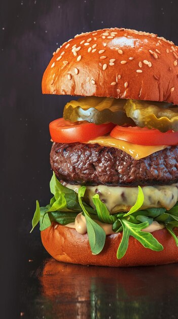 Ein köstlicher handgefertigter Burger auf einem fesselnden Banner mit dunklem Hintergrund Vertical Mobile Wallpaper