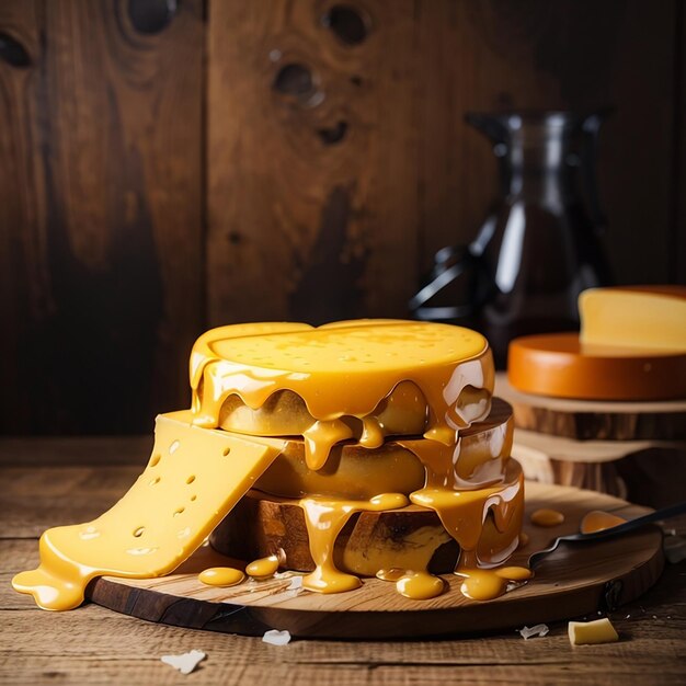 Ein köstlicher Haufen geschmolzenen Käses auf Holztisch und Holzhintergrund