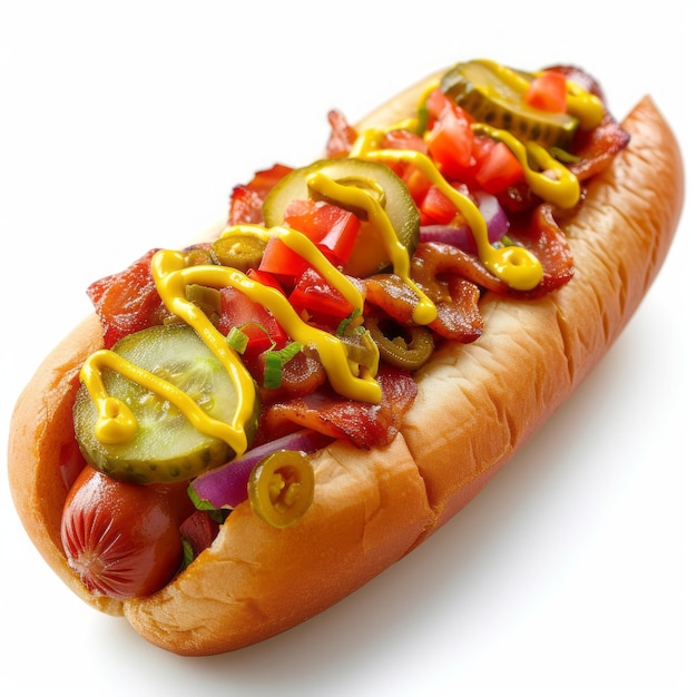 Ein köstlicher Hotdog mit Senf und eingelegten Gurken