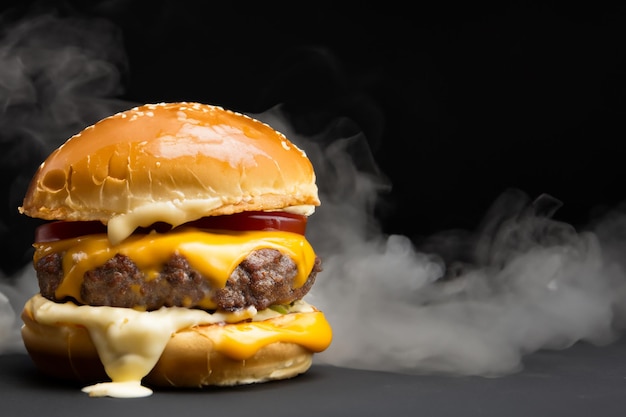 Ein köstlicher Rindfleisch-Cheeseburger mit schwarzem rauchigem Hintergrund