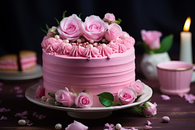 Ein köstlicher rosa Kuchen mit Rosenformen