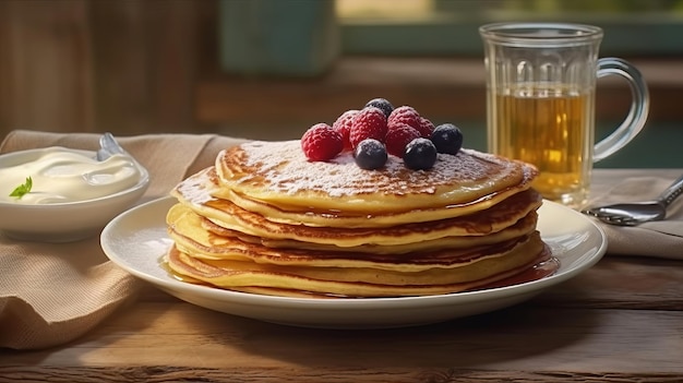 Ein köstlicher Stapel flauschiger Pfannkuchen mit frischen Beeren und Puderzucker Generative AI