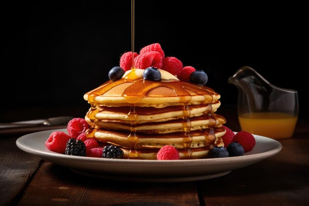 Ein köstlicher Stapel Pfannkuchen mit Sirup, der von KI generiert wurde