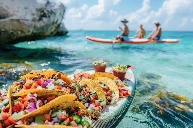 Ein köstlicher Taco, der auf einem Standup-Paddle-SUP-Board verteilt ist, mexikanisches Essen für ein Mittagessen im Freien am Strand