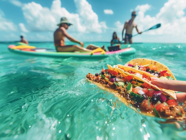 Ein köstlicher Taco, der auf einem Standup-Paddle-SUP-Board verteilt ist, mexikanisches Essen für ein Mittagessen im Freien am Strand