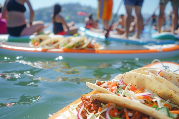 Ein köstlicher Taco, der auf einem Standup-Paddle-SUP-Board verteilt ist, mexikanisches Essen für ein Mittagessen im Freien am Strand