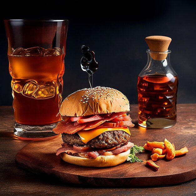 Ein köstlicher Triple-Fleisch-Burger mit Speck und Käse, begleitet von einem Glas Whiskey