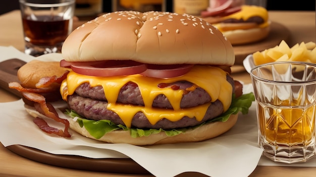 Ein köstlicher Triple-Fleisch-Burger mit Speck