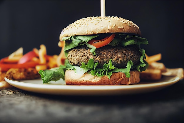 Ein köstlicher veganer Burger auf dem Teller auf dem Tisch gesundes veganes Essen