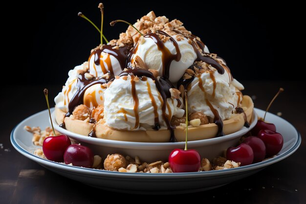 Ein köstliches Bananensplit-Eisdessert mit Schokoladensirup. Bananensplit-Eisdessert