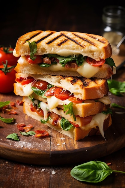 Foto ein köstliches club-sandwich mit schinken, käse und salat auf einem dunkelholzigen hintergrund, der von ki generiert wurde