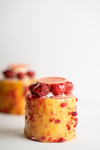 Ein köstliches Dessert aus Himbeerpudding, garniert mit köstlicher Sahne und einem süßen Spritzer