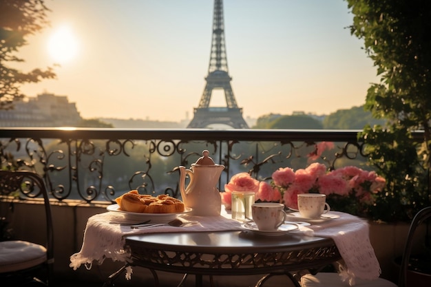 Ein köstliches französisches Frühstück auf einem malerischen Balkon Generative Ai