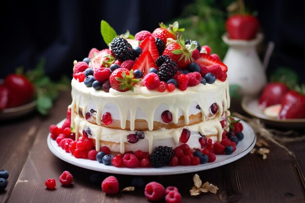 Ein köstliches frisches Stück Kuchen mit Schlagsahne und Himbeeren Geburtstagsparty und Spaß