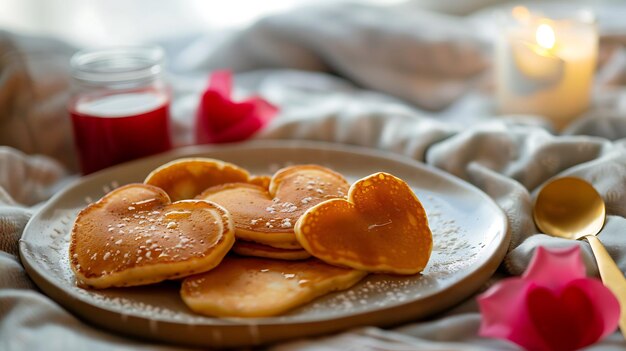 Ein köstliches Frühstück im Bett mit herzförmigen Pfannkuchen, frischen Beeren und Orangensaft ist der perfekte Weg, Ihren Tag zu beginnen.