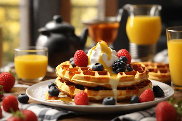 ein köstliches Frühstück mit belgischen Waffeln, das auf einem rustikalen Holztisch serviert wird, der mit frischen Beeren und einem Stück Schlagsahne geschmückt ist