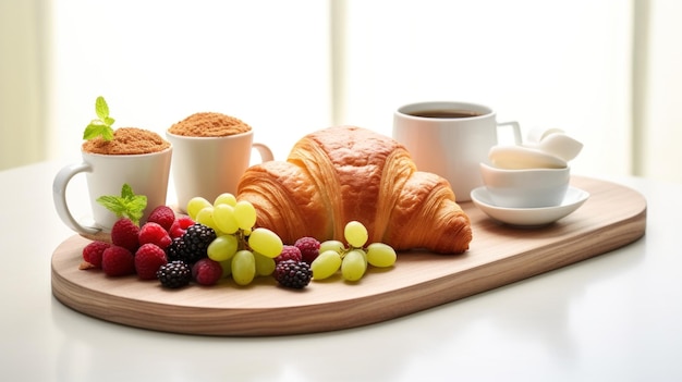 Foto ein köstliches frühstück mit croissants und dampfendem kaffee