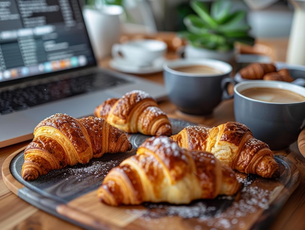 Foto ein köstliches frühstück mit croissants und kaffee