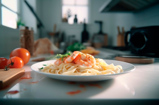 Ein köstliches Garnelengericht mit Fettuccine-Nudeln auf einem KI-generierten Küchentisch