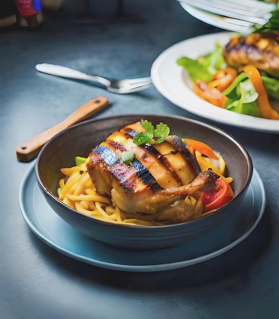 Foto ein köstliches gericht aus gegrilltem hühnchen mit pommes frites und salat