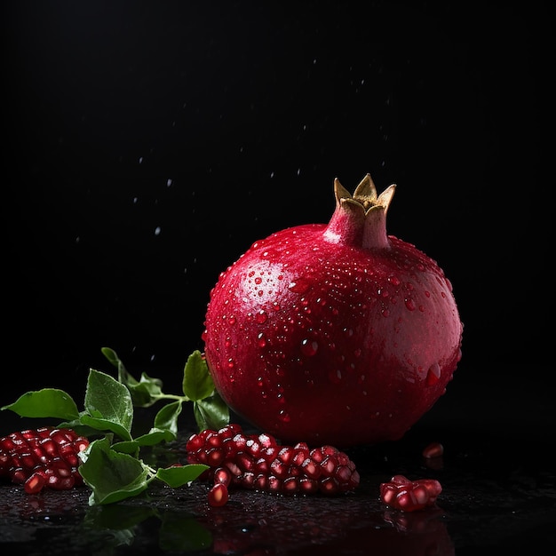 Foto ein köstliches granatapfel vor einer schwarzen wand im stil eines landhauses