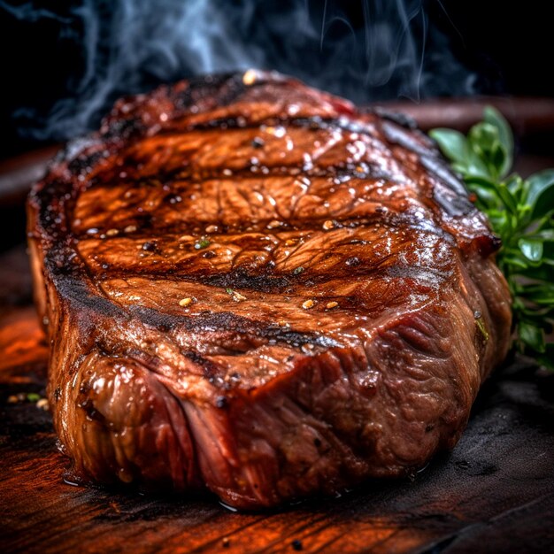 Ein köstliches heißgeräuchertes Steak auf einem Holztablett