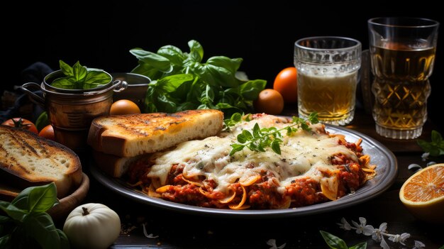 Ein köstliches italienisches Gericht aus Lasagne und Knoblauchbrot mit Käse und Basilikum