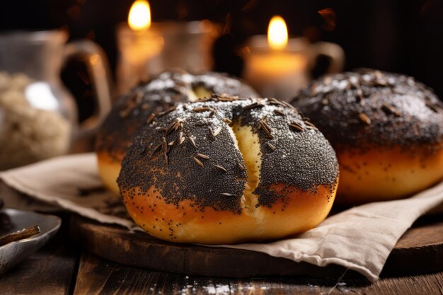 Foto ein köstliches, mit mohnfrüchten versehenes brot, das auf einem küchentisch liegt