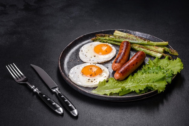 Ein köstliches, nahrhaftes Frühstück mit Spiegeleiern, Würstchen, Spargel, Tomaten, Avocado, Gewürzen und Kräutern