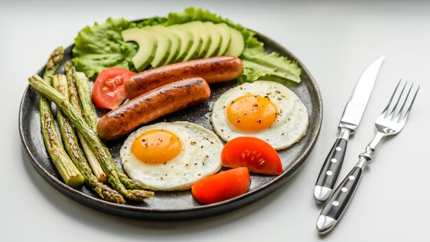 Ein köstliches, nahrhaftes Frühstück mit Spiegeleiern, Würstchen, Spargel, Tomaten, Avocado, Gewürzen und Kräutern