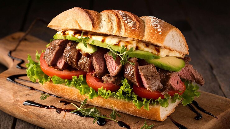 Ein köstliches Sandwich mit Fleisch, Salat und Tomaten