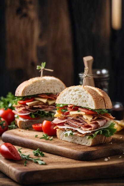 Ein köstliches Schinken- und Käse-Sandwich auf einem Holzschnittbrett