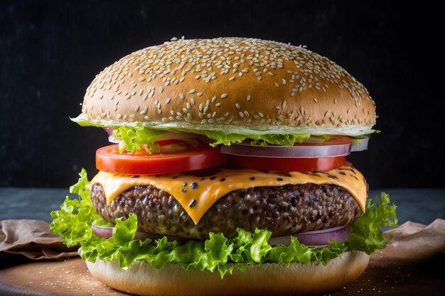 Ein köstliches Sesambrötchen mit gegrilltem Angus-Burger mit Käsesalat und Tomate