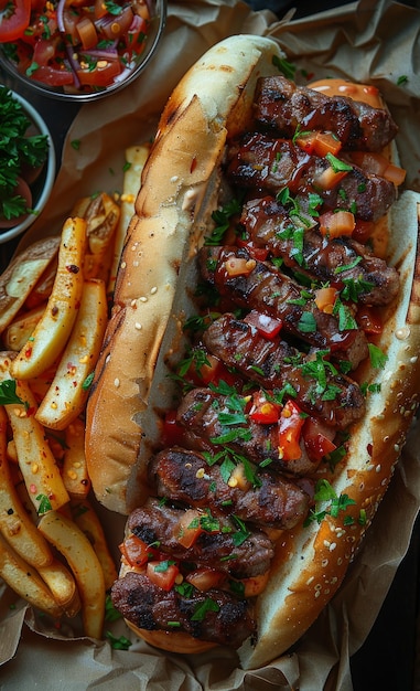 Ein köstliches Steak-Sandwich mit Pommes Frites