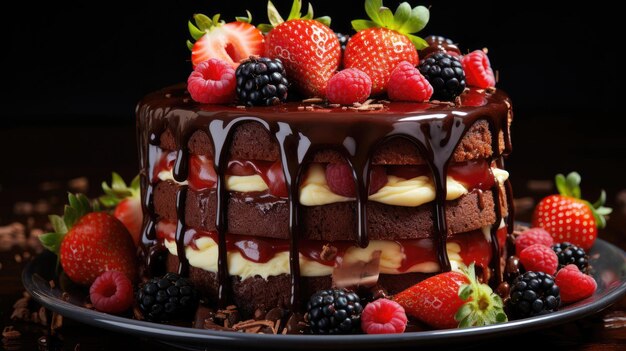 Ein köstliches, süßes, wunderschönes Schokoladen-Schwammkuchen-Dessert mit Beeren und Erdbeeren.