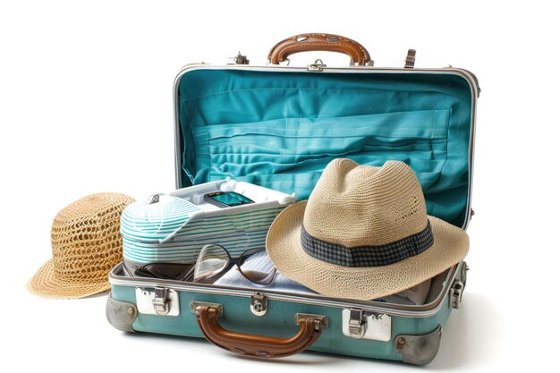 ein Koffer für einen Urlaub mit Dingen auf einem weißen Hintergrund isoliert