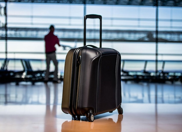 Ein Koffer in einem Flughafen mit einem Mann im Hintergrund