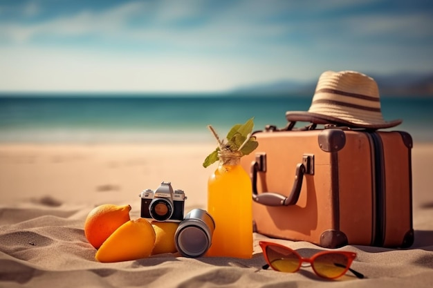 Foto ein koffer und eine flasche orangensaft liegen am strand.