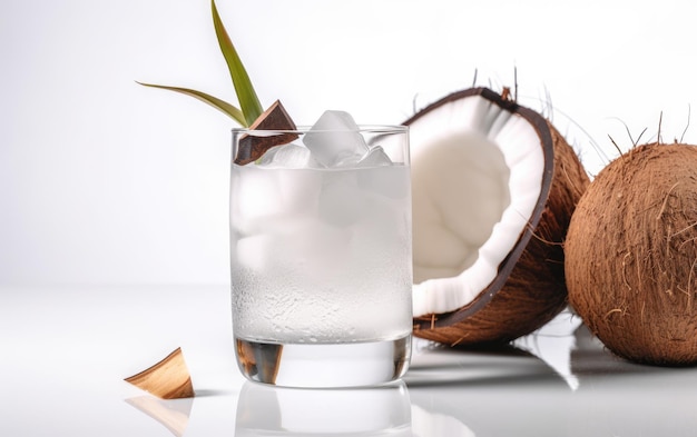 Ein Kokosnuss-Cocktail aus der Nähe, isoliert auf einem weißen Hintergrund, aus veganen tropischen Früchten