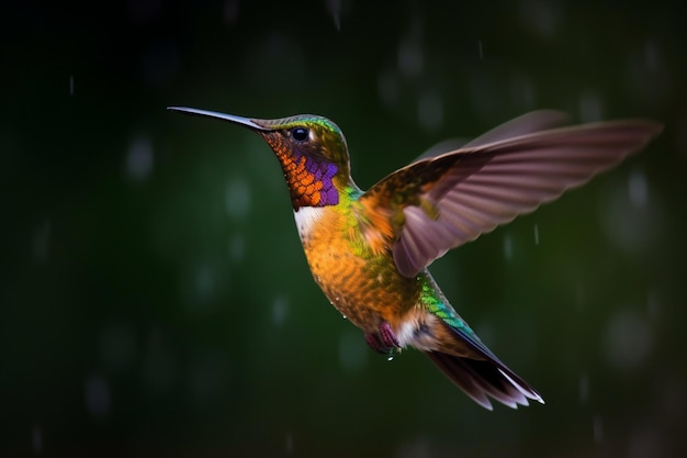 Ein Kolibri fliegt im Regen und ist dabei zu fliegen.
