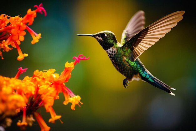 ein Kolibri fliegt über einer Blume mit dem Hintergrund des Bildes eines Kolibris