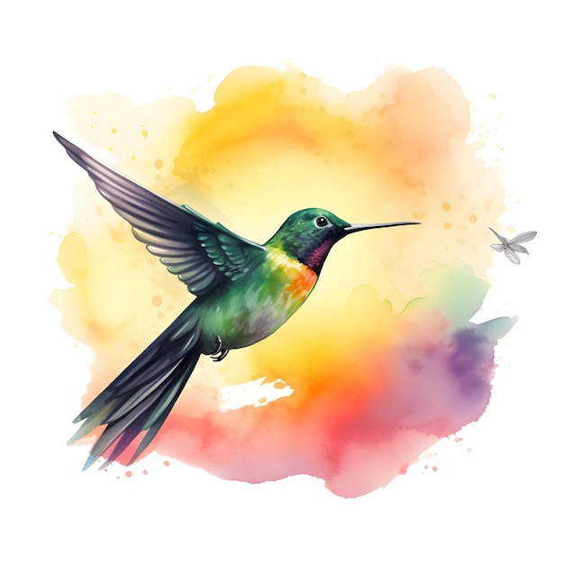 Ein Kolibri fliegt vor einem farbenfrohen Aquarellhintergrund.