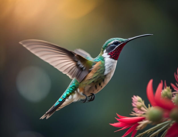 Ein Kolibri fliegt vor einer Blume.