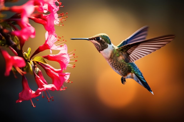 Ein Kolibri fliegt zu einer Blume