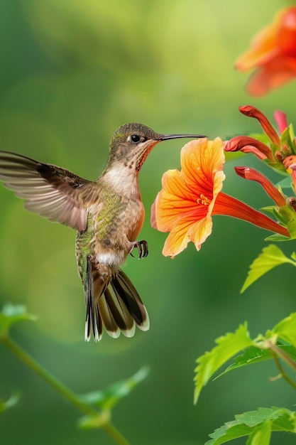 Ein Kolibri im Flug schlürft Nektar aus einer leuchtend orangefarbenen Blüte vor einem verschwommenen grünen Hintergrund