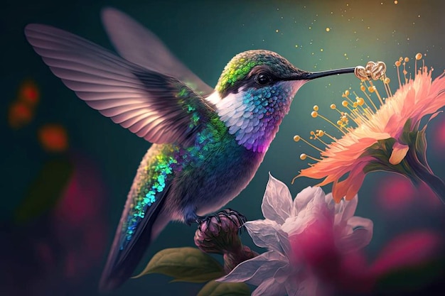 Ein Kolibri mit einer Blume im Hintergrund