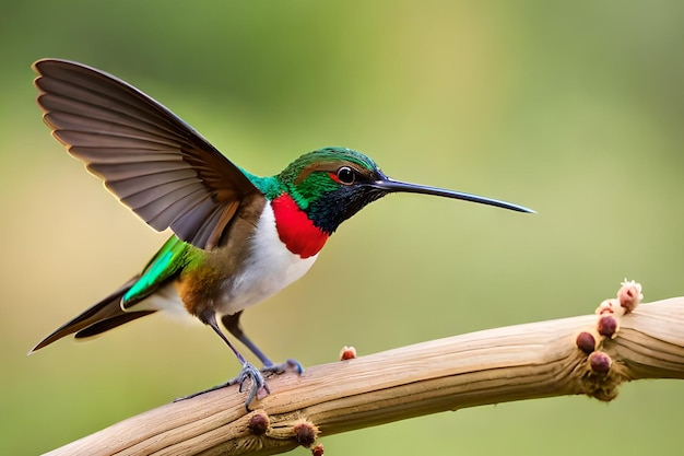 Ein Kolibri mit grünen Flügeln und roter Brust sitzt auf einem Ast.